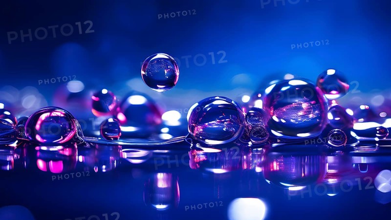 A cluster of iridescent vibrant blue oil bubbles floating on a water surface, AI generated
