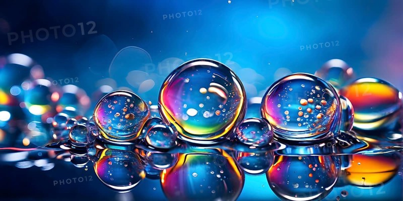 A cluster of iridescent vibrant oil bubbles floating on a water surface, AI generated
