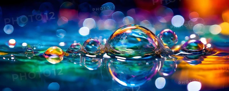 A cluster of iridescent vibrant oil bubbles floating on a water surface, AI generated