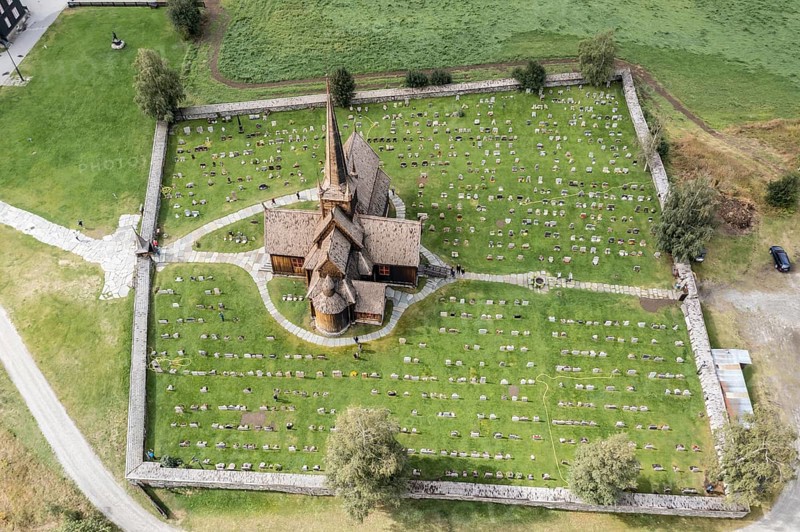 Aerial view of Lom stave church and cemetery, Lom, Norway, Europe