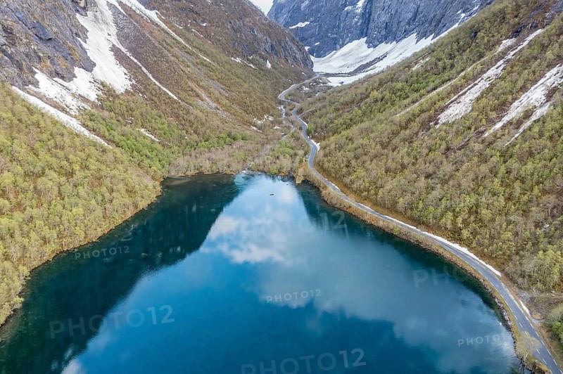 Arial view of lake Lygnstoylvatnet, lake dammed up by a rock slide, valley Norangdalen, Norway, Europe