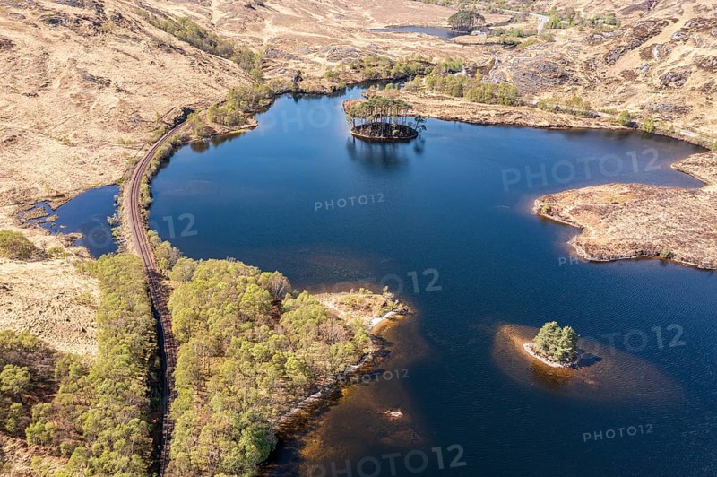 Aerial view to the west over lake Loch Eilt with island Dumbledore's Grave, Harry Potter film location, scottisch highland, Scotland, UK