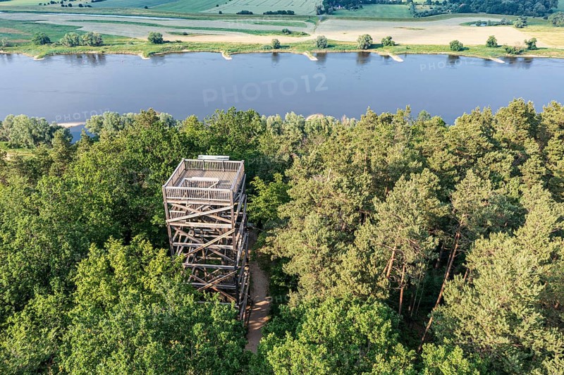 Aerial view of viewpoint Kiepenberg near Elbe river, wooden tower west of village Hitzacker, Germany, Europe