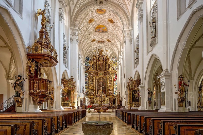 Nave with pulpit and high altar of the parish church of the Assumption of the Virgin Mary, Baroque, Old Town, Landsberg am Lech, Upper Bavaria, Bavaria, Germany, Europe