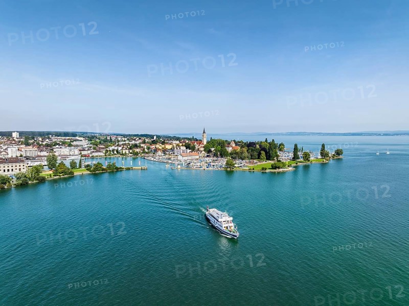 Harbour area, ferry port, yacht harbour, marina of Romanshorn with Seepark, and the departing passenger ship MS Zürich, aerial view, Lake Constance, Canton Thurgau, Switzerland, Europe
