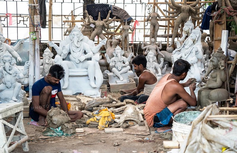 Artisan work on idols of the elephant-headed Hindu deity Ganesha at a workshop ahead of the Ganesh Chaturthi festival, in Guwahati, Assam, India on 3 September 2024