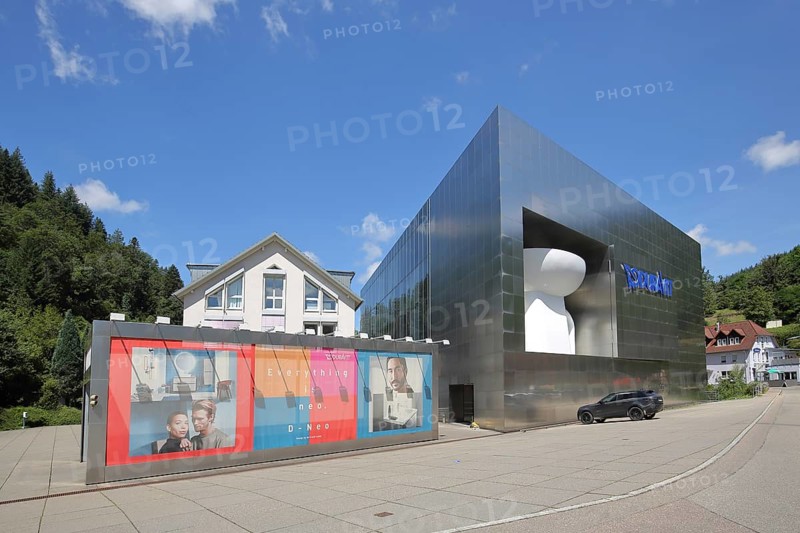 Modern building of Duravit-AG with oversized toilet bowl, oversize, XXL, size comparison, car, corporation, company, inscription, landmark, Hornberg, Ortenau, Southern Black Forest, Black Forest, Baden-Württemberg, Germany, Europe