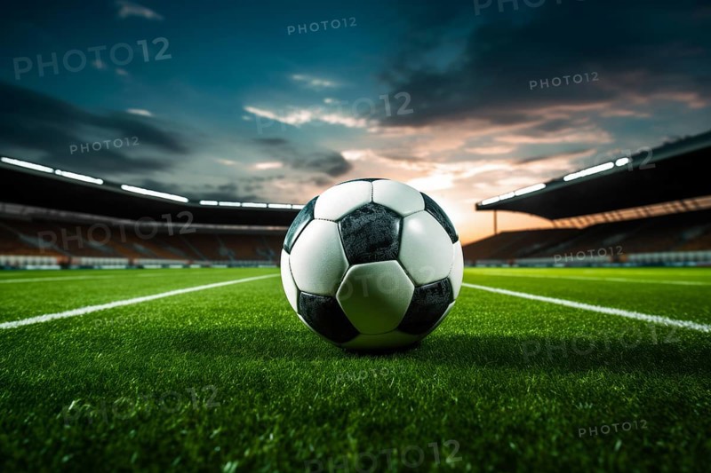 A soccer ball on a green field in soccer football stadium in evening on sunset with floodlights lights, AI generated