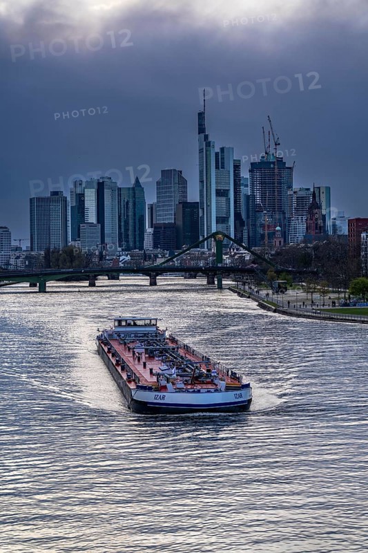 Skyline of Frankfurt am Main, skyscrapers, business and banking district in the city centre, cargo ship, tanker, on the Main, Hesse, Germany, Europe