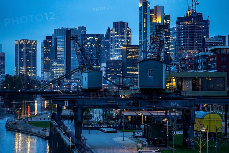 Skyline of Frankfurt am Main, skyscrapers, business and banking district in the city centre, bank at Weseler Werft, Hesse, Germany, Europe