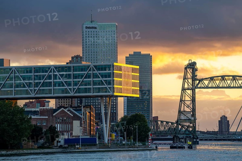 The skyline of Rotterdam, on the left the Unilever office building De Bruk, Koningshavenbrug De Hef, river the Nieuwe Maas, Netherlands