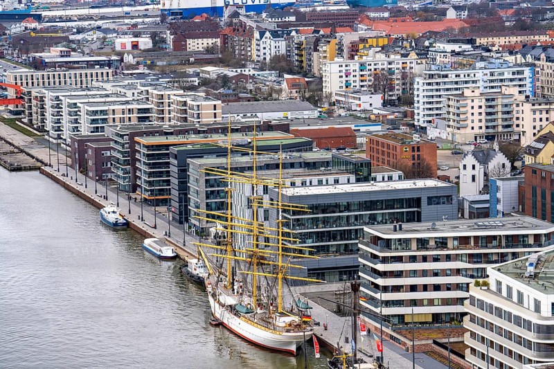 Overview of the New Harbour, residential building, training ship Germany, part of the Havenwelten, from Bremerhaven, Bremen, Germany, Europe