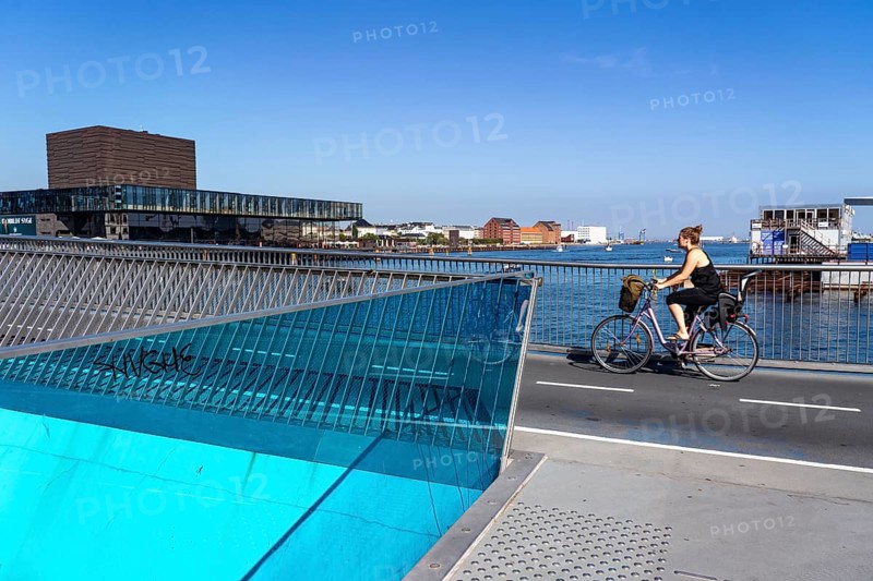 Cyclists on the Inderhavnsbroen cycle and footpath bridge, over the harbour, at Nyhavn, Copenhagen is considered the cycling capital of the world, 45 % of the population travel by bike, Denmark, Europe