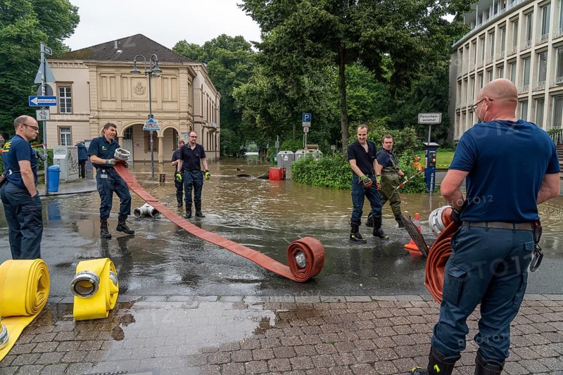 Flood on the Ruhr, after long heavy rainfall the river left its bed and flooded the countryside and villages, the highest water level ever recorded, the fire brigade pumps water out of the streets, Mülheim an der Ruhr, North Rhine-Westphalia, Germany, Europe