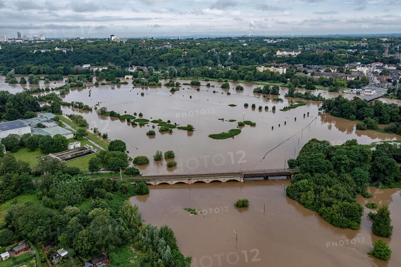 Flood on the Ruhr, after long heavy rainfall the river left its bed and flooded the countryside and villages, the highest water level ever recorded, Ruhr near Essen-Steele, North Rhine-Westphalia, Germany, Europe