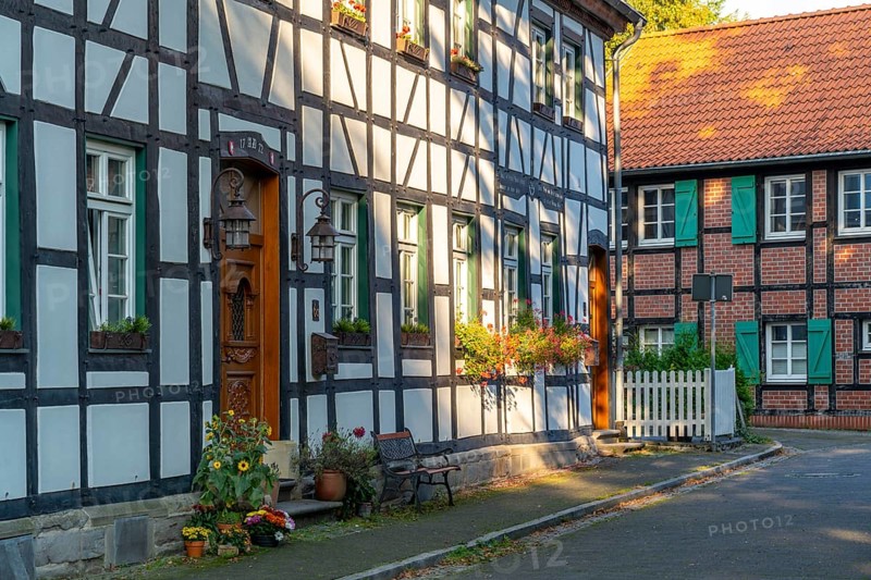 Old village of Westerholt, listed district of Herten Westerholt, over 60 old, well-renovated half-timbered houses form a historic village centre, Herten, North Rhine-Westphalia, Germany, Europe