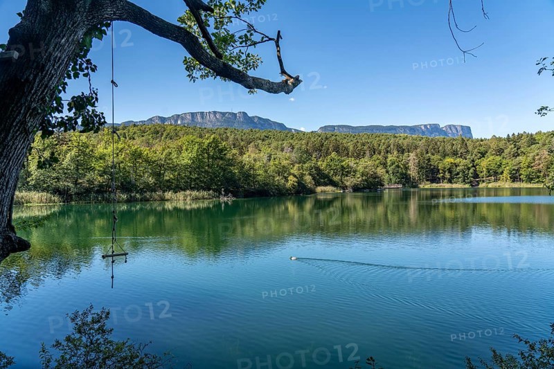The Montiggler Lakes, on the South Tyrolean Wine Road, biotope and local recreation area, the small Montiggler Lake, near the village of Kaltern, Italy, Europe