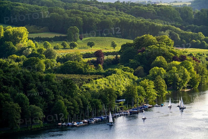 Lake Baldeney in Essen, Ruhr reservoir, view of the eastern shore, landscape in the Fischlaken district, sailing boats, North Rhine-Westphalia, Germany, Europe