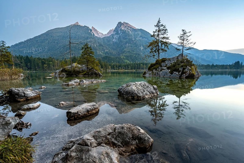 Hochkalter reflected in Hintersee, at sunset, Berchtesgaden National Park, Ramsau, Upper Bavaria, Bavaria, Germany, Europe
