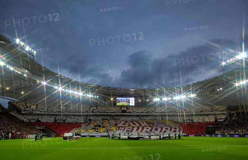 Overview, choreography, choreo, Cannstatter Kurve, fan curve, VfB Stuttgart, atmospheric, Champions League, rain clouds, MHPArena, MHP Arena Stuttgart, Baden-Württemberg, Germany, Europe