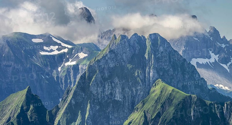 Mountain panorama from the Nebelhorn, 2224m, to the Höfats 2259m, behind it the Großer Krottenkopf, 2656m Allgäu Alps, Allgäu, Bavaria, Germany, Europe