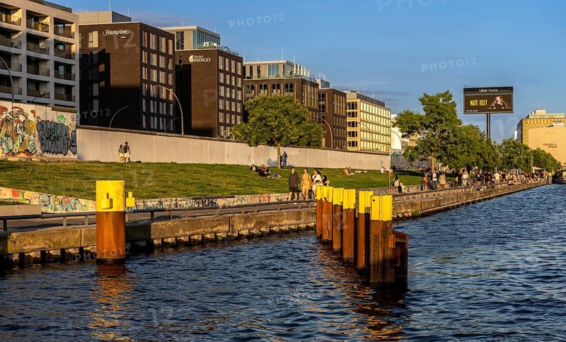 View from the Spree to the East Side Galery and the office complexes on Mühlenstraße, Berlin, Germany, Europe