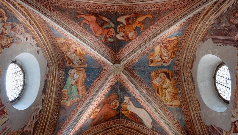 Interior view, late Gothic frescoes by Master Wenzlaus in the Chapel of Our Lady of the Cemetery, Parish Church of Our Lady of Sorrows, Riffian, Rifiano, South Tyrol, Autonomous Province of Bolzano, Italy, Europe