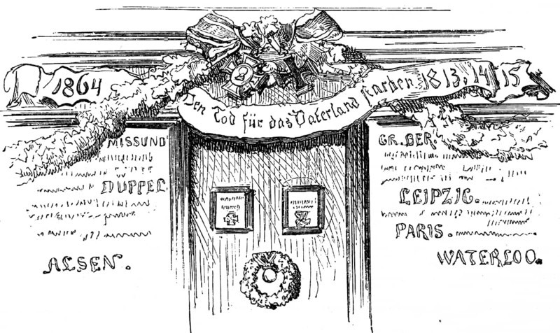 Memorial, plaque commemorating battles of the 19th century, inscription: Die Tod für das Vaterland sterben 1864 Düppel, 1813-1815 Leipzig, Paris, Waterloo, Alsen, Missunde, medals, ornamentation, garland, wreath, Prussia, historical illustration 1882
