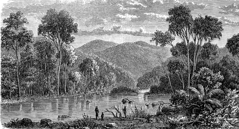 Landscape in the Omeo Mountains in the state of Victoria in Australia, 1880, Historical, digital reproduction of an original from the 19th century