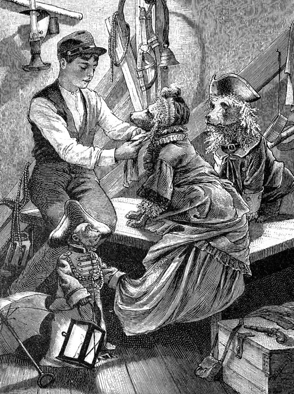 In the monkey theatre, theatre, circus, dogs, monkeys dressed as humans, illustration from 1887, historical, digital reproduction of an original from the 19th century