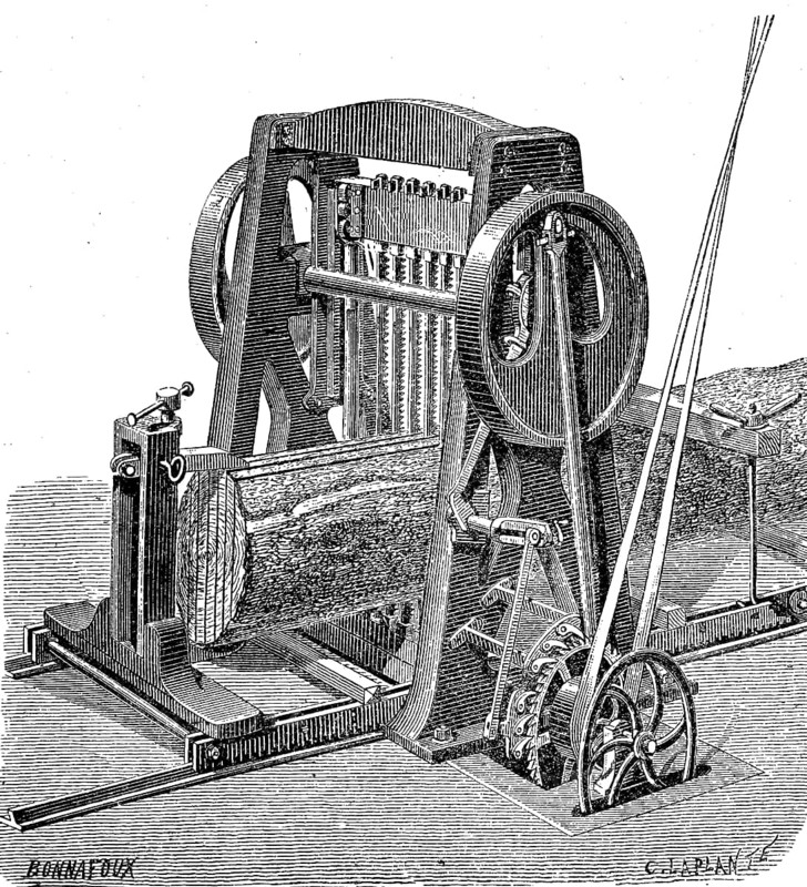 A frame saw from 1880, sawmill, woodworking, historical, digital reproduction of an original from the 19th century