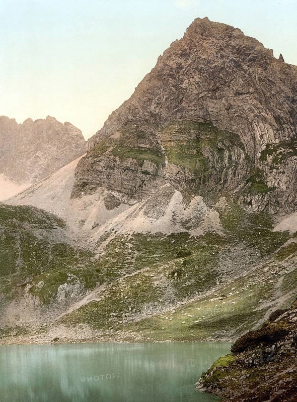 The Drachensee in the Mieminger Gebirge, surrounded by mountains such as the Sonnenspitze, the Drachenkopf and the Grünstein, Tyrol, formerly Austria-Hungary, today Austria, Historical, digitally restored reproduction from a 19th century original, Record date not stated