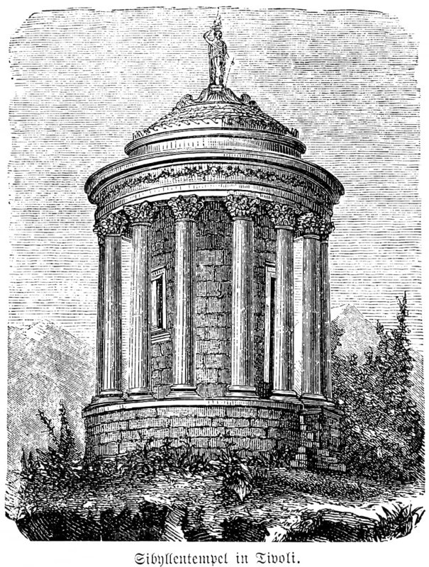 Ancient Temple of the Sibyls in Tivoli near Rome, rotunda, columns, figure, park, Etruscans, Etruscans, Roman Empire, historical illustration 1880