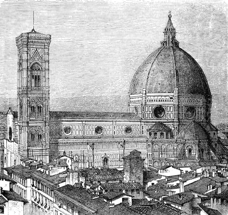 Duomo di Firenze, Florence Cathedral, 13th century cathedral, huge dome, square tower, side view, Tuscany, Italy, historical illustration 1880, Europe