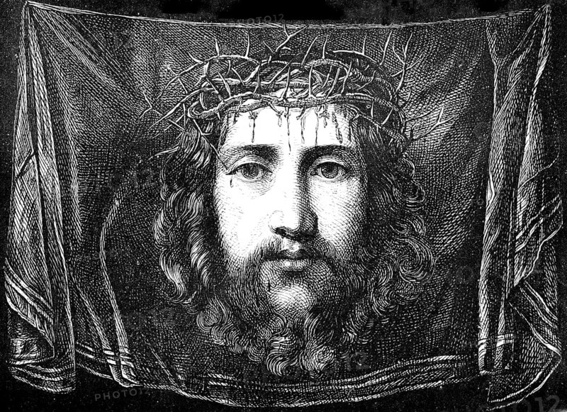 Shroud of St Veronica, imprint of the face of Jesus, crown of thorns, artist Antonio Allegri or Corregio, Christian tradition, historical illustration 1880