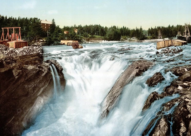 Hofsfossen with Honefos waterfall, Ringerike, Norway, View from 1885, Historical, digitally restored reproduction from a 19th century original, Record date not stated, Europe