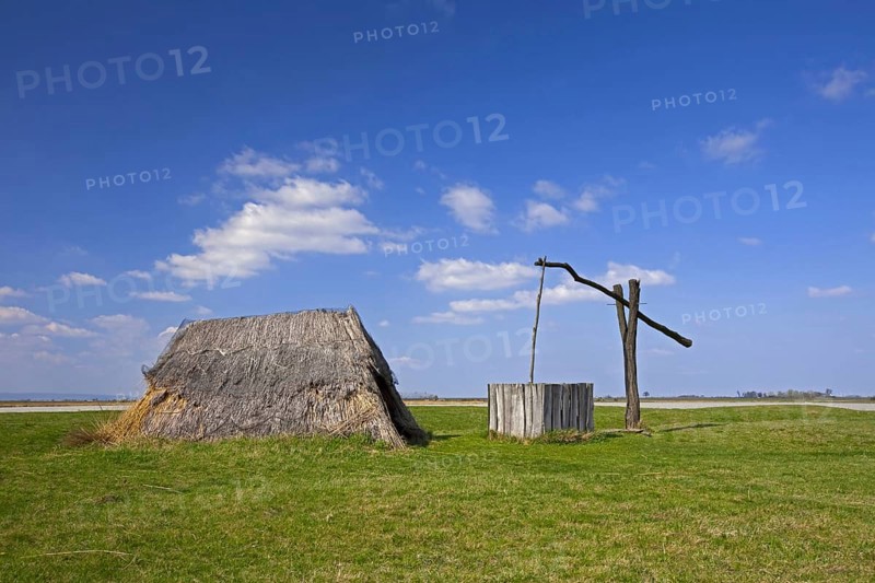Draw well and reed hut at Neusiedler See, Austria, Europe