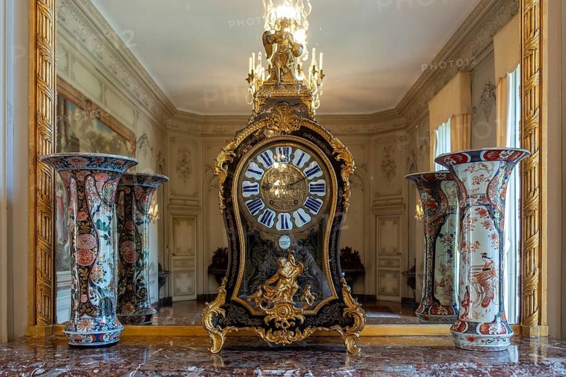 18th century Chastelain of Paris mantel clock at Château de Bel?il, Baroque castle in Beloeil, province of Hainaut, Wallonia, Belgium, Europe
