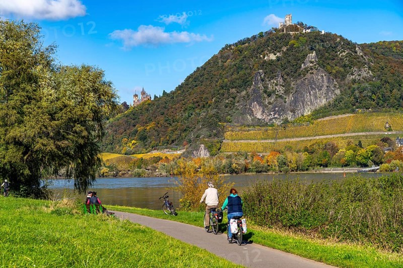 Cycle path on the Drachenfels, a mountain in the Siebengebirge on the Rhine between Bad Honnef and Königswinter, with Drachenfels castle ruins and Drachenburg castle, left, boat traffic on the Rhine, North Rhine-Westphalia, Germany, Europe