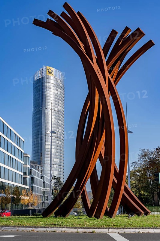 The Posttower, headquarters of Deutsche Post, high-rise building in Bonn, Helmut-Schmidt-Platz, artwork Arc 89 by Bernar Venet, North Rhine-Westphalia, Germany, Europe