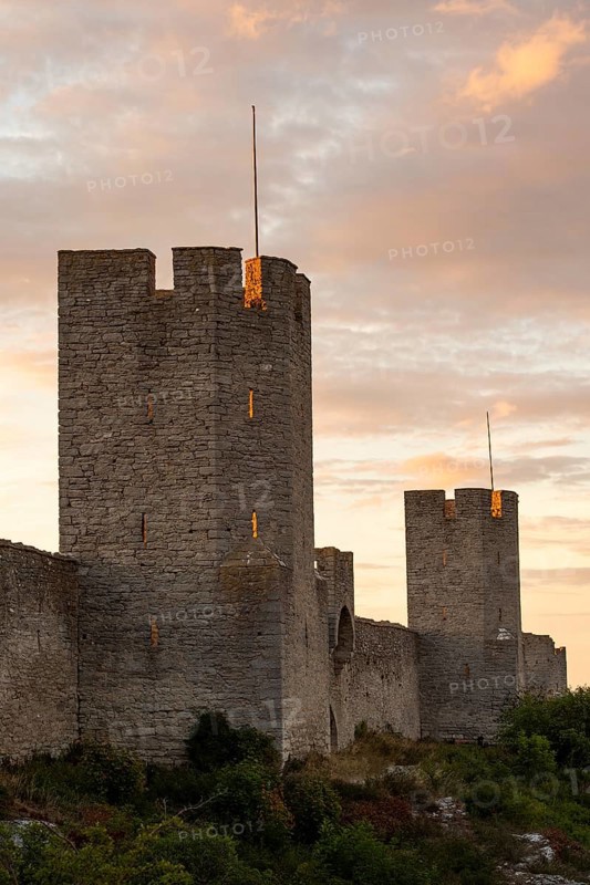 Historic city wall with defence towers in the evening light, Hanseatic city of Visby, UNESCO World Heritage Site, Gotland Island, Sweden, Europe