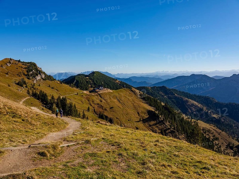 Hiking trails in the Rotwand area, in the centre the Rotwandhütte, behind Hohe Tauern, Mangfall mountains, Spitzingsee, Upper Bavaria, Bavaria, Germany, Europe