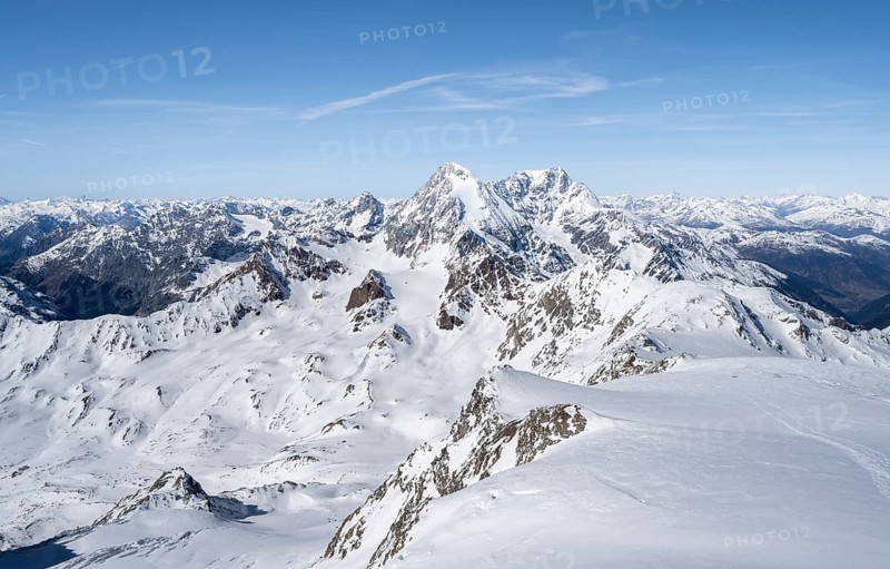 View from the summit of Monte Cevedale, mountain panorama with summit Königsspitze and Ortler, snow-covered mountain landscape in winter, Ortler Alps, Vinschgau Valley, Italy, Europe