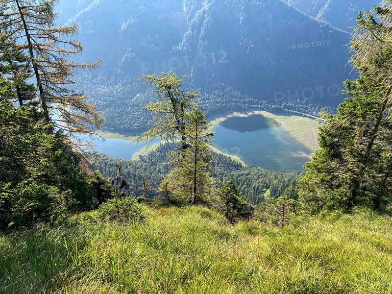 Deep view of the Mittersee and Lödensee lakes near Ruhpolding, Eastern Chiemgau Alps nature reserve, Bavaria, Germany, Europe
