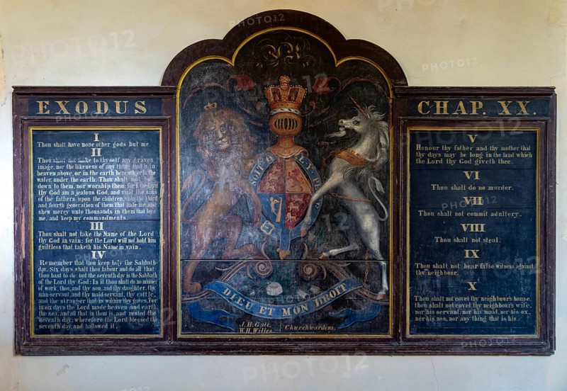 Ten Commandments prayer board and Royal Coat of Arms, church of Saint George, Ogbourne St George, Wiltshire, England, UK