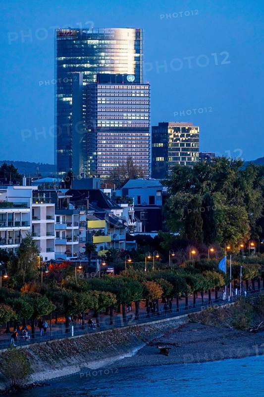 Skyline Bonn on the Rhine, in front the UNFCCC Secretariat of the Framework Convention on Climate Change, in the centre the high-rise building of the United Nations, Campus Bonn, behind it the Posttower, corporate headquarters of Deutsche Post, Rhine bank Bonn-Beuel, North Rhine-Westphalia, Germany, Europe