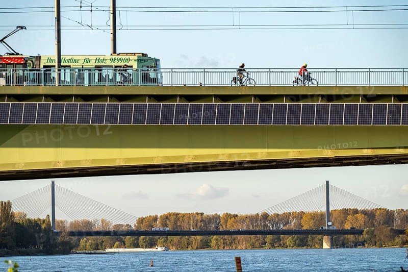 The Kennedy Bridge, the middle of Bonn's 3 Rhine bridges, connects the centre of Bonn and the Beuel district, federal road B56, light rail lines and footpaths and cycle paths, in the background the Friedrich-Eber-Brücke motorway bridge, Bonn North Rhine-Westphalia, Germany, Europe