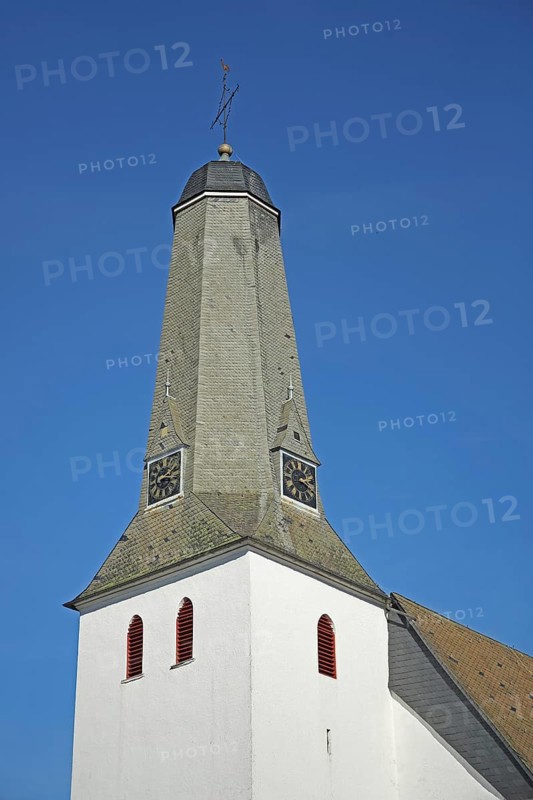 Tower of the town church built in the 16th century, Bad Laasphe, Rothaargebirge, North Rhine-Westphalia, Germany, Europe