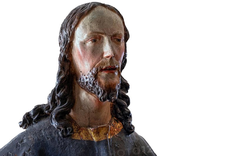 Palmesel wooden figure around 1880, Christ detail, on white background, Dominican convent Wettenhausen, Swabia, Bavaria, Germany, Europe