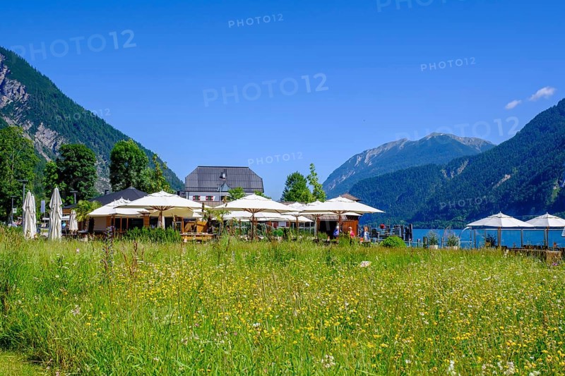 Waterfront promenade with cafés and bars, Pertisau am Achensee, Tyrol, Austria, Europe